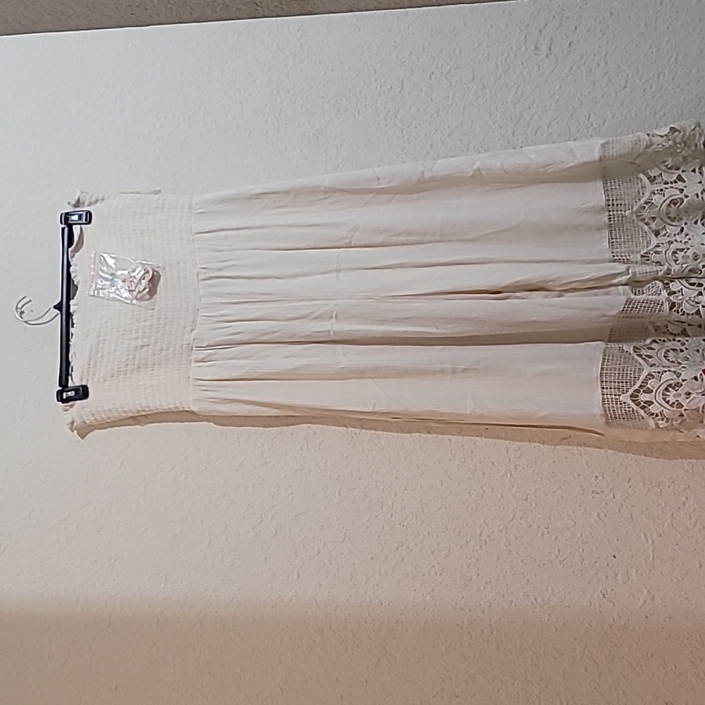 American Eagle Outfitters Cream Strapless Crochet-Hem Jumpsuit